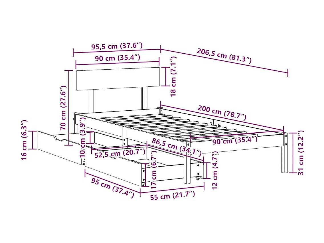 Cadre de lit sans matelas blanc 90x200 cm bois de pin massif
