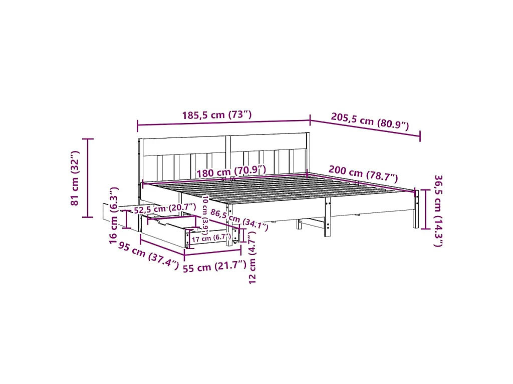Cadre de lit sans matelas cire marron 180x200cm bois pin massif
