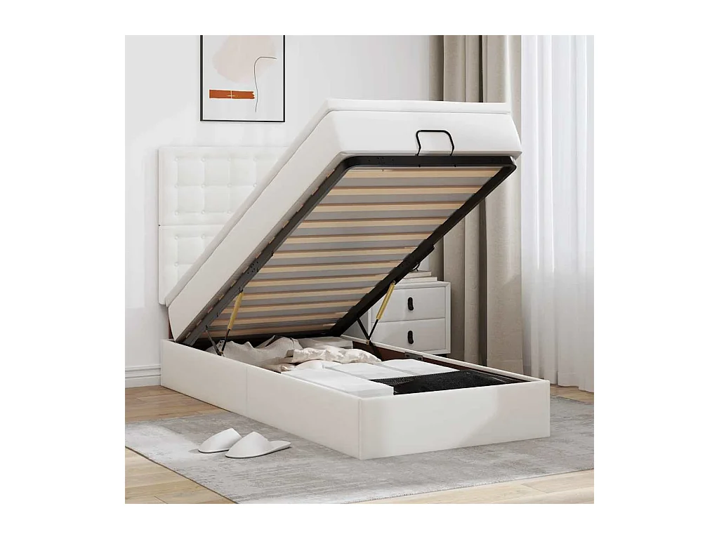 Lit ottoman avec matelas blanc 90x200 cm similicuir