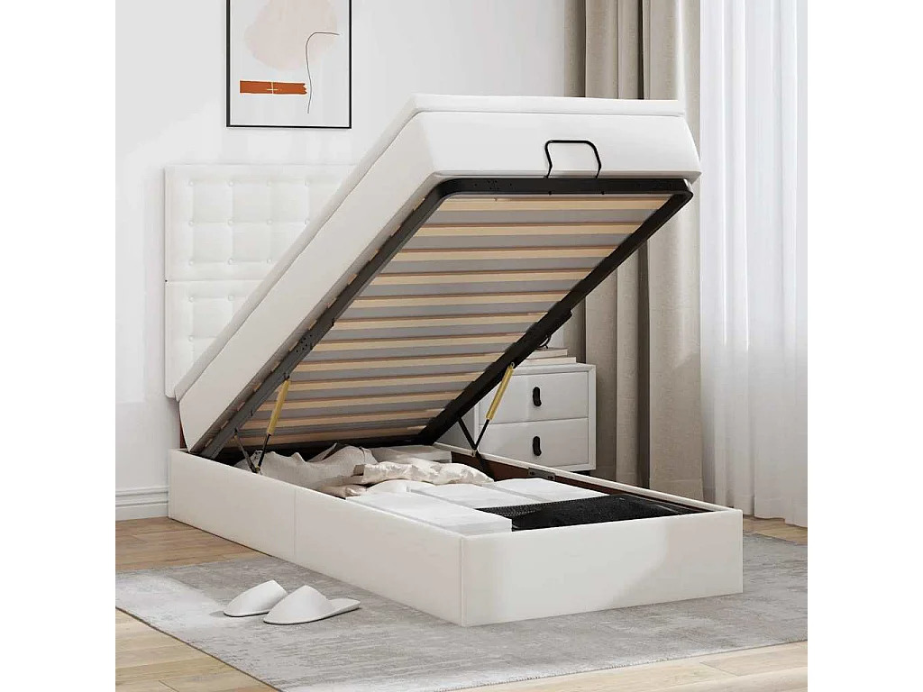 Letto Pouf con Materasso Bianco 90x200 cm Similpelle