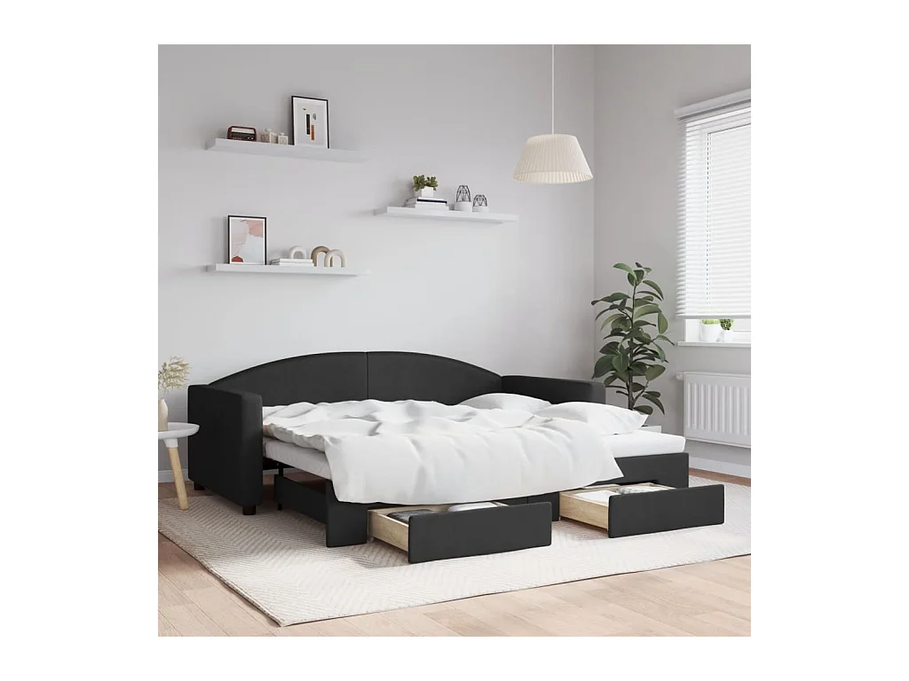 Tagesbett Ausziehbar mit Schubladen Schwarz 90x190 cm Stoff