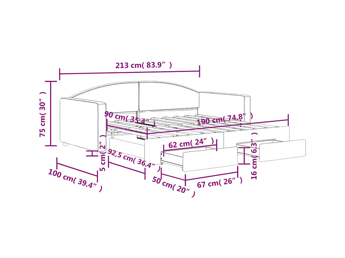 Tagesbett Ausziehbar mit Schubladen Schwarz 90x190 cm Stoff