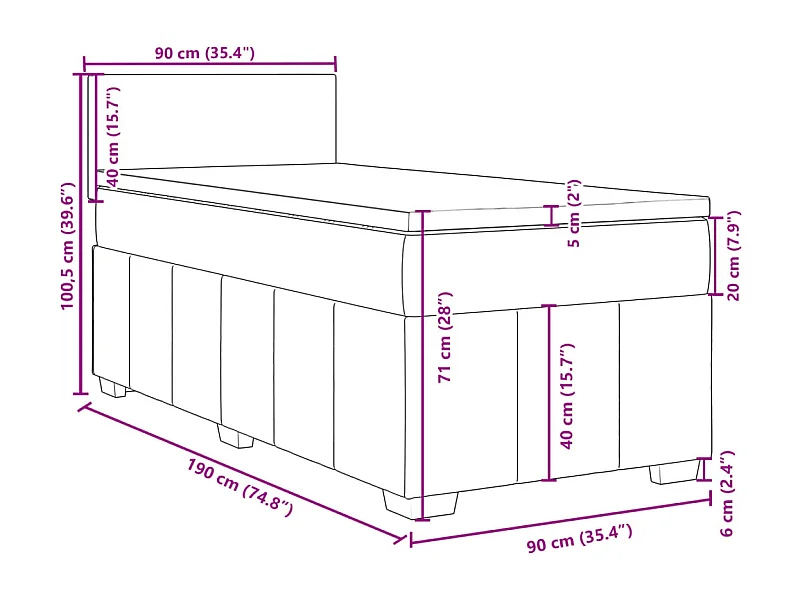 Cama box spring con colchón tela marrón oscuro 90x190 cm
