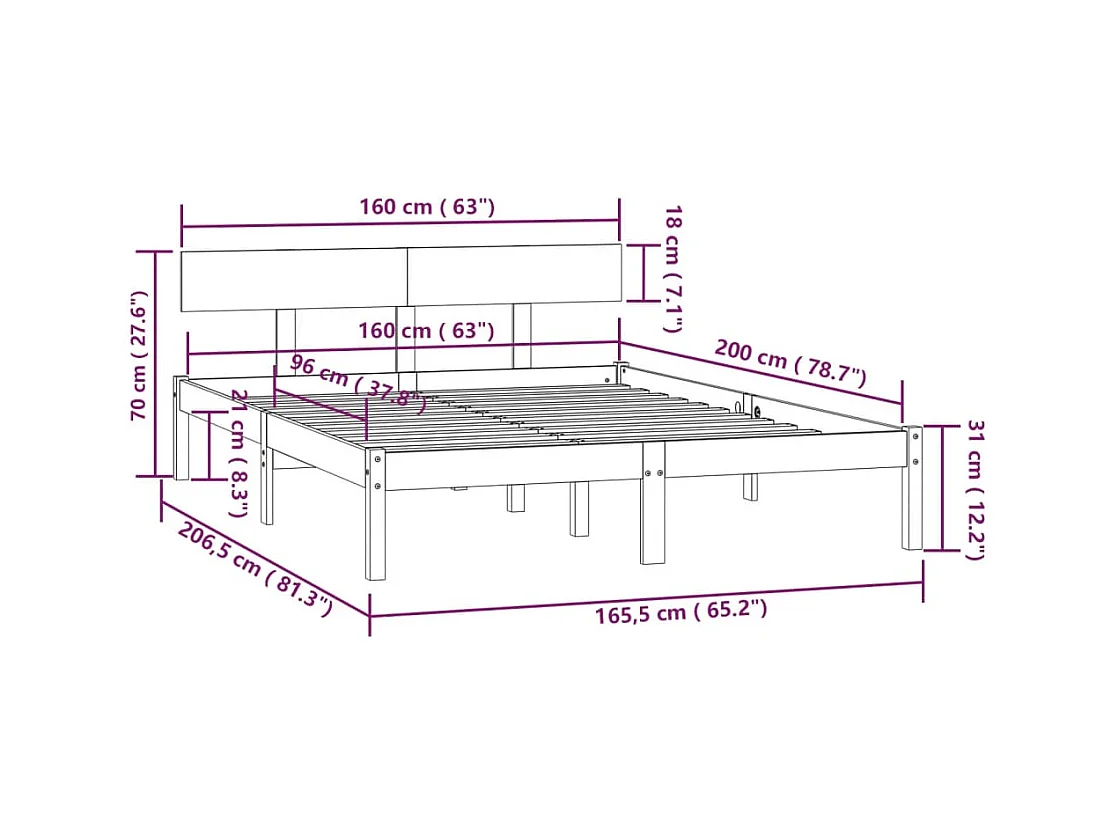Cadre de lit sans matelas blanc bois massif 160x200 cm
