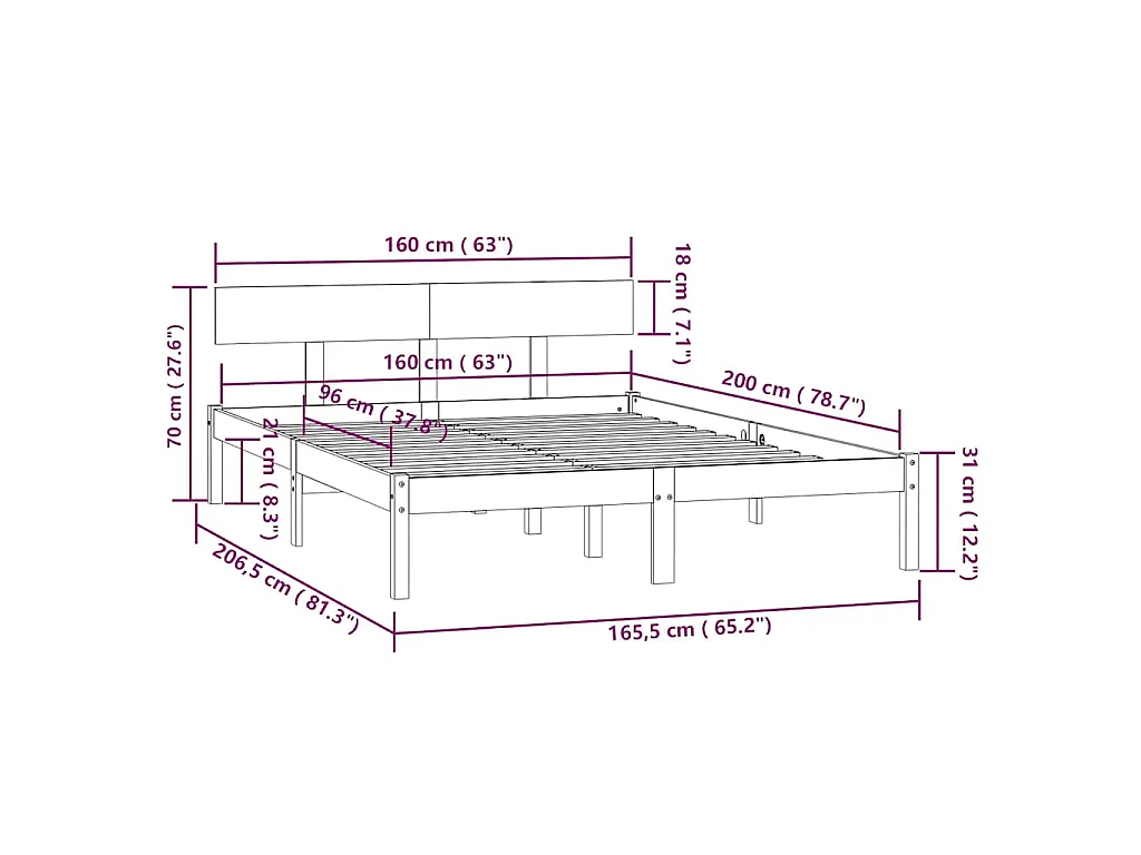Cadre de lit sans matelas blanc bois massif 160x200 cm