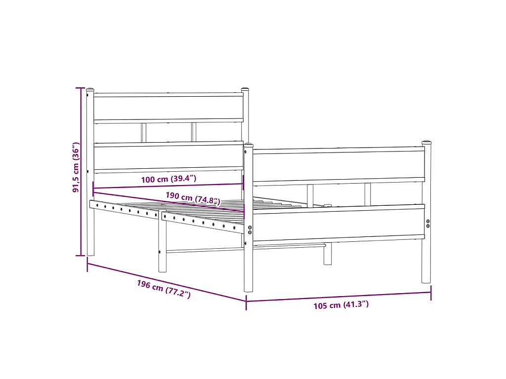 Bedframe zonder matras metaal gerookt eikenkleurig 100x190 cm