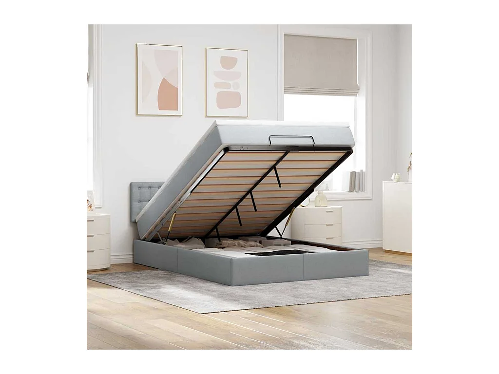 Lit ottoman avec matelas et LED gris clair 140x190 cm tissu