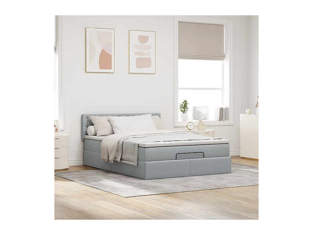 Lit ottoman avec matelas et LED gris clair 140x190 cm tissu