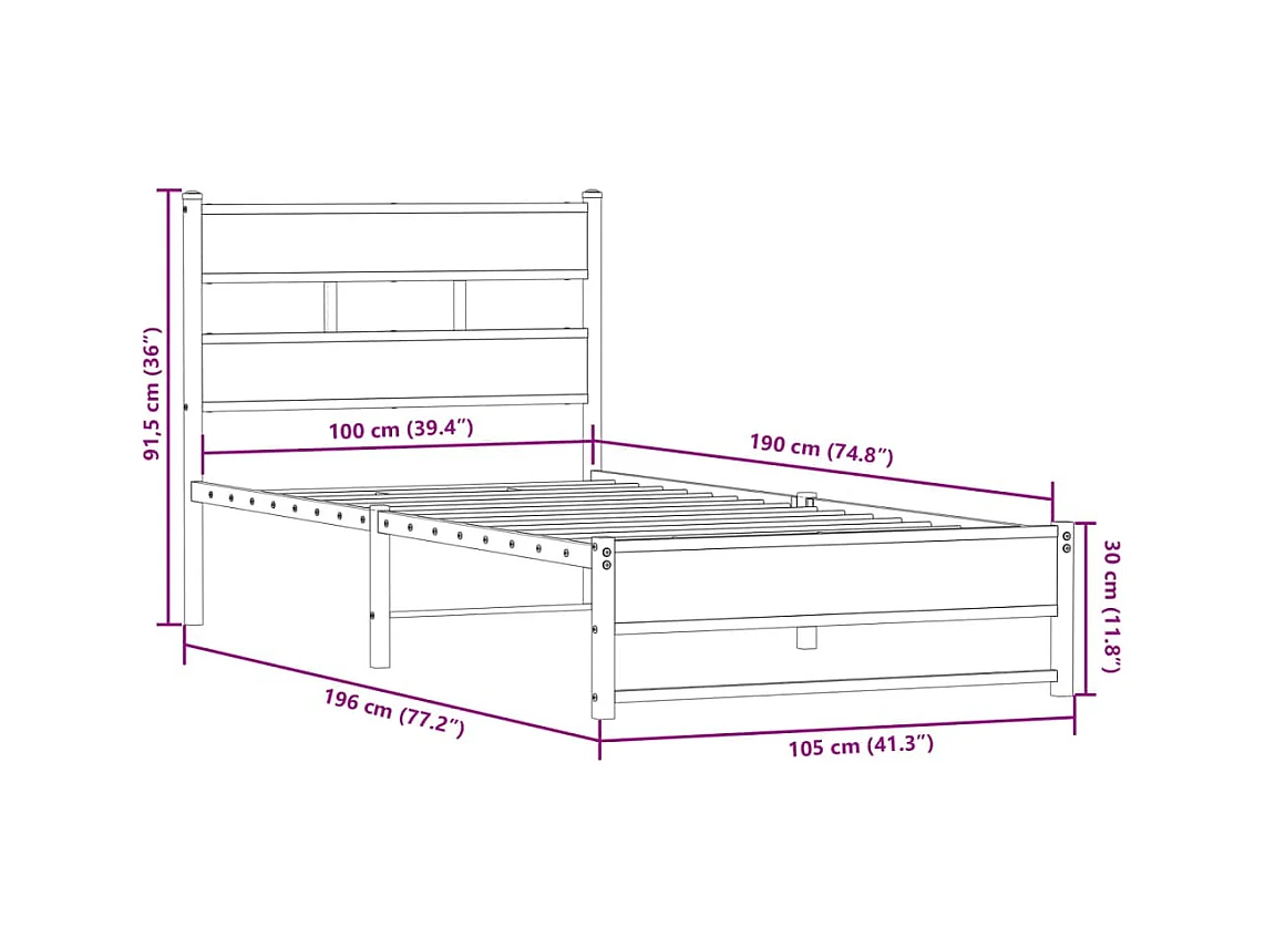 Cadre de lit en métal sans matelas chêne fumé 100x190 cm