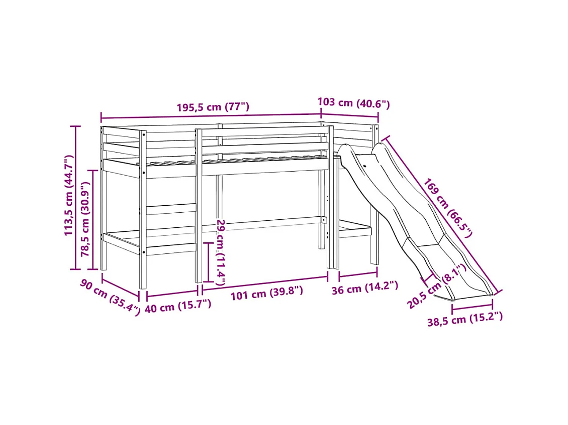 Lit mezzanine d'enfants sans matelas 90x190 cm bois pin massif