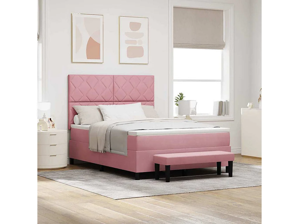 Cama Box com colchão com cabeceira Rosa 160 x 200 cm Veludo