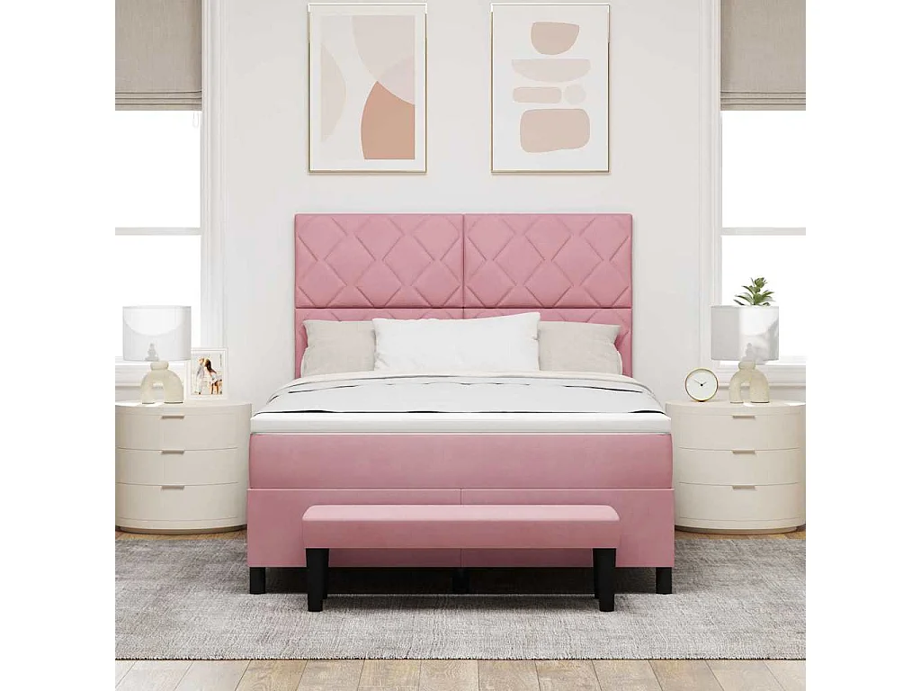 Cama Box com colchão com cabeceira Rosa 160 x 200 cm Veludo