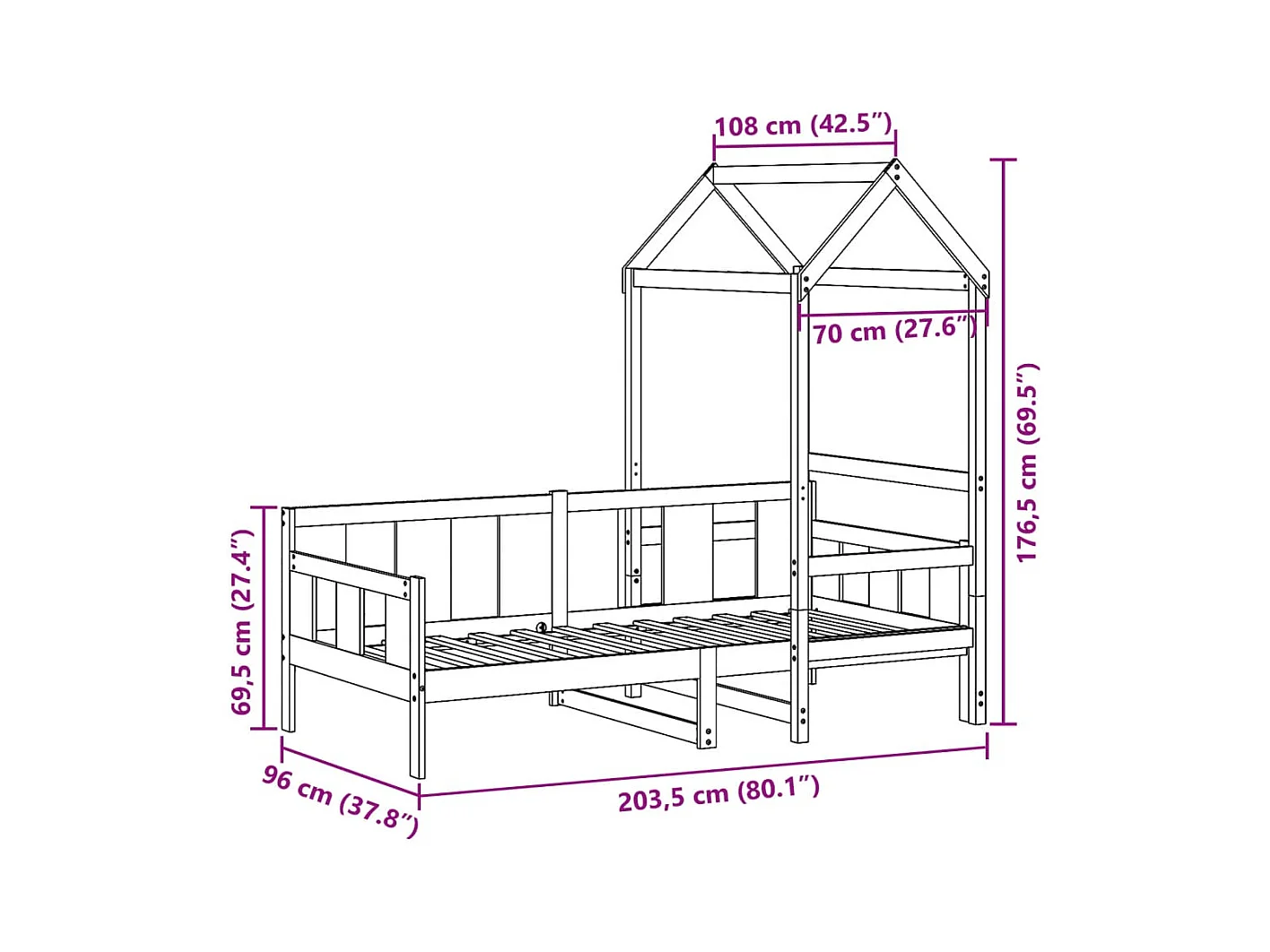 Lit de jour avec toit sans matelas 90x200 cm bois massif