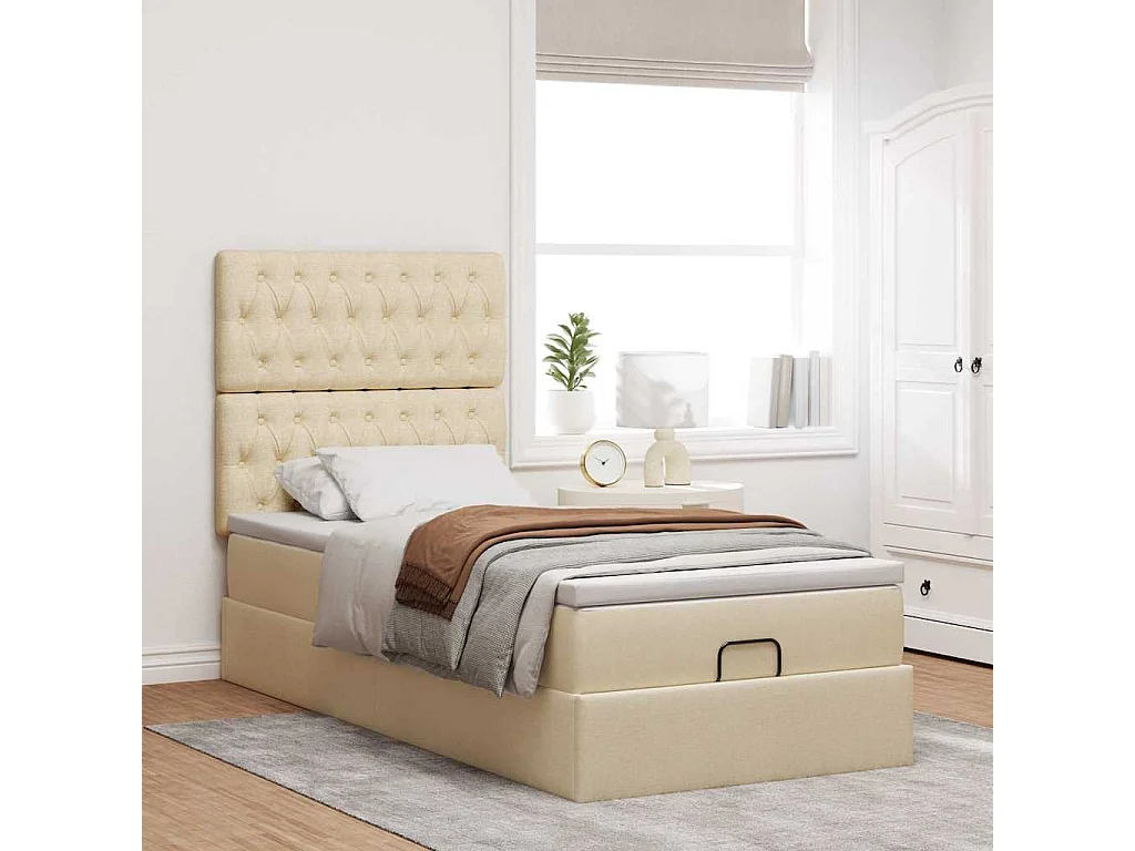 Pouf Letto con Materasso e LED Crema 90x200 cm in Tessuto