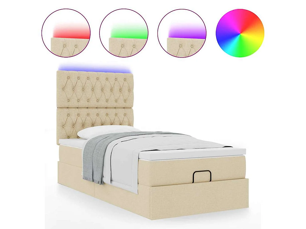 Pouf Letto con Materasso e LED Crema 90x200 cm in Tessuto