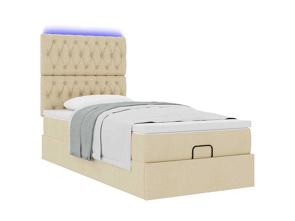 Pouf Letto con Materasso e LED Crema 90x200 cm in Tessuto