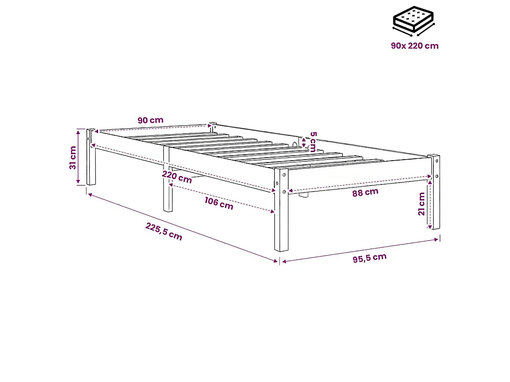 Cadre de lit extra long sans matelas 90x220 cm bois massif pin