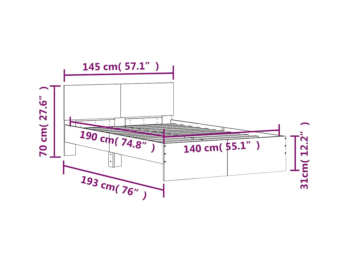 Bettgestell mit Kopfteil LED-Beleuchtung Betongrau 140x190 cm