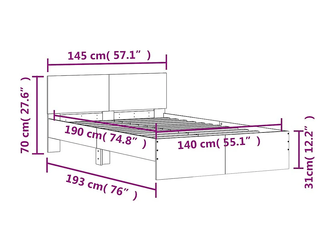 Estrutura cama cabeceira e luzes LED 140x190cm cinzento cimento