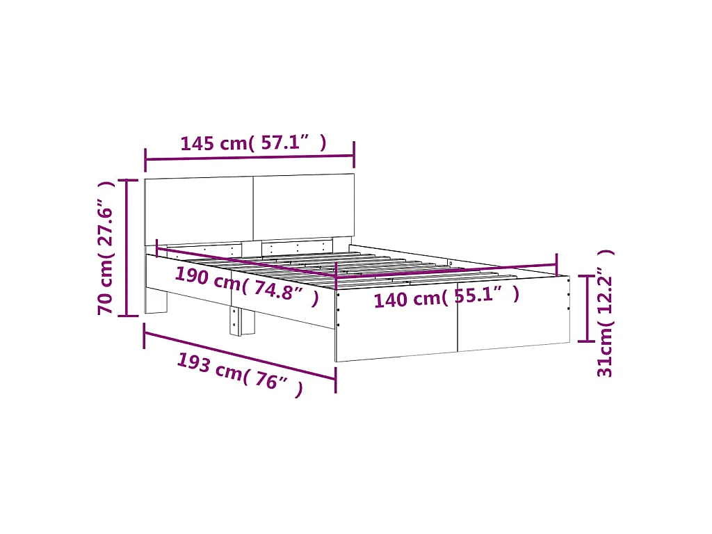 Cadre de lit avec tête de lit et LED gris béton 140x190 cm