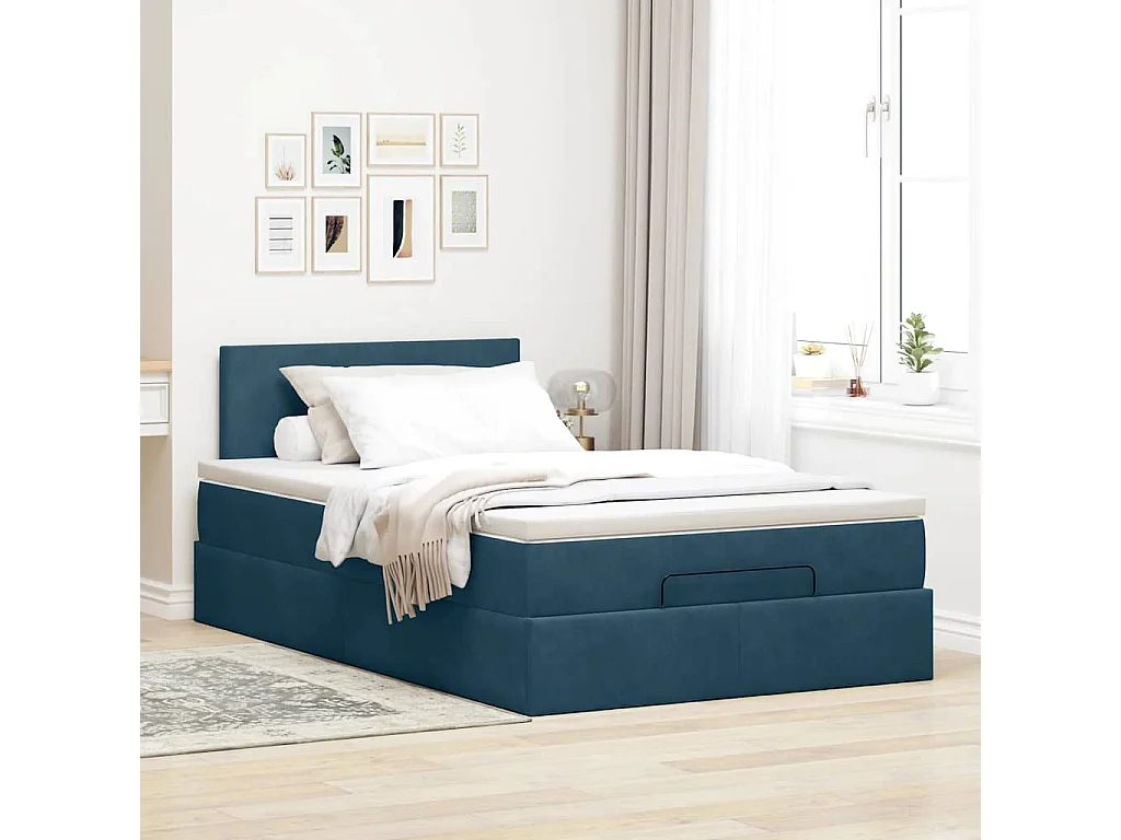 Cama otomana con colchón y LED terciopelo azul oscuro 120x190cm