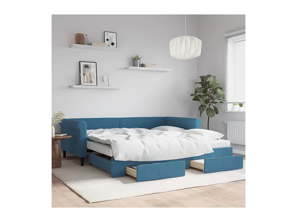 Lit de jour avec gigogne et tiroirs bleu 100x200 cm velours