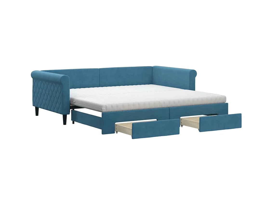 Lit de jour avec gigogne et tiroirs bleu 100x200 cm velours
