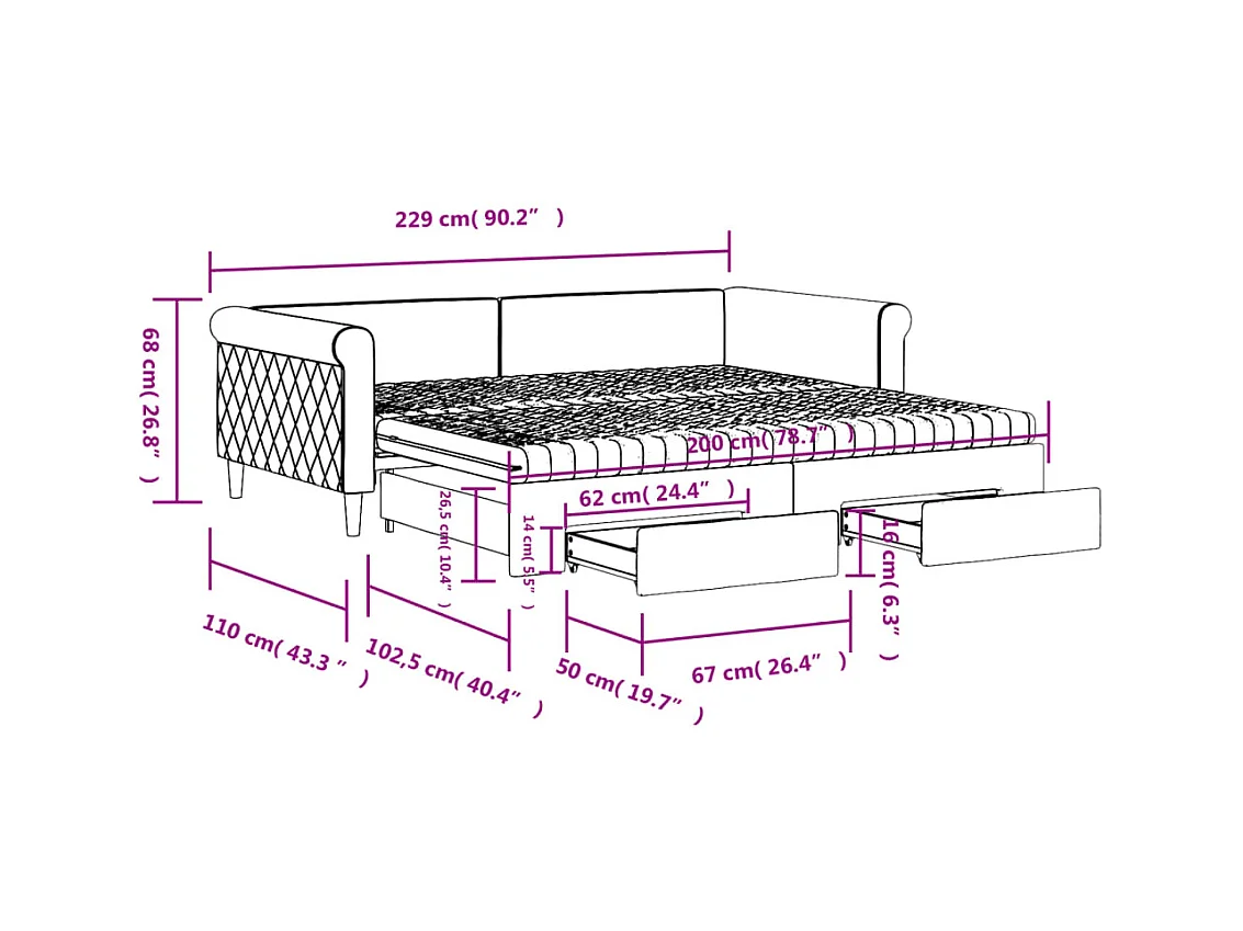 Lit de jour avec gigogne et tiroirs bleu 100x200 cm velours
