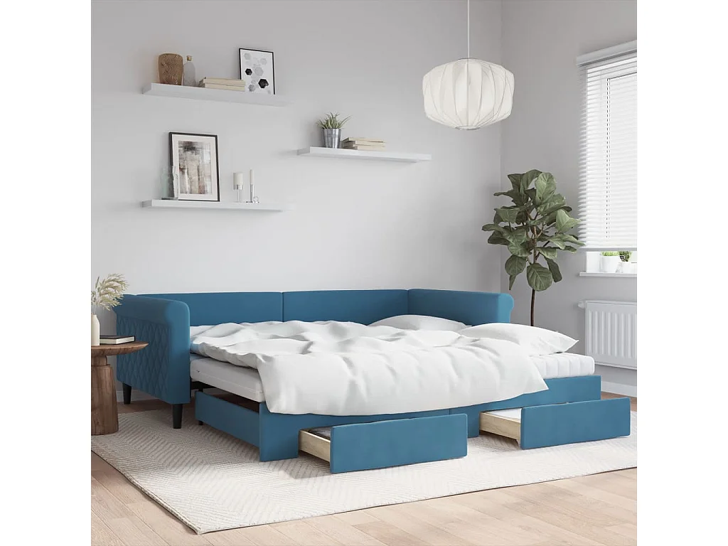 Slaapbank met onderschuifbed en lades 100x200 cm fluweel blauw