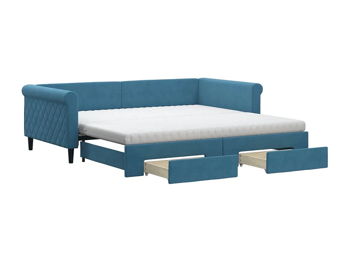 Slaapbank met onderschuifbed en lades 100x200 cm fluweel blauw