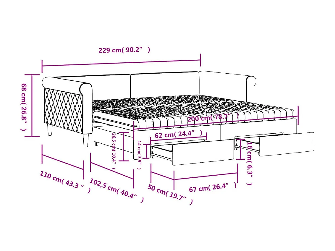 Slaapbank met onderschuifbed en lades 100x200 cm fluweel blauw