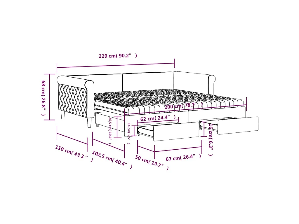 Tagesbett Ausziehbar mit Schubladen Blau 100x200 cm Samt