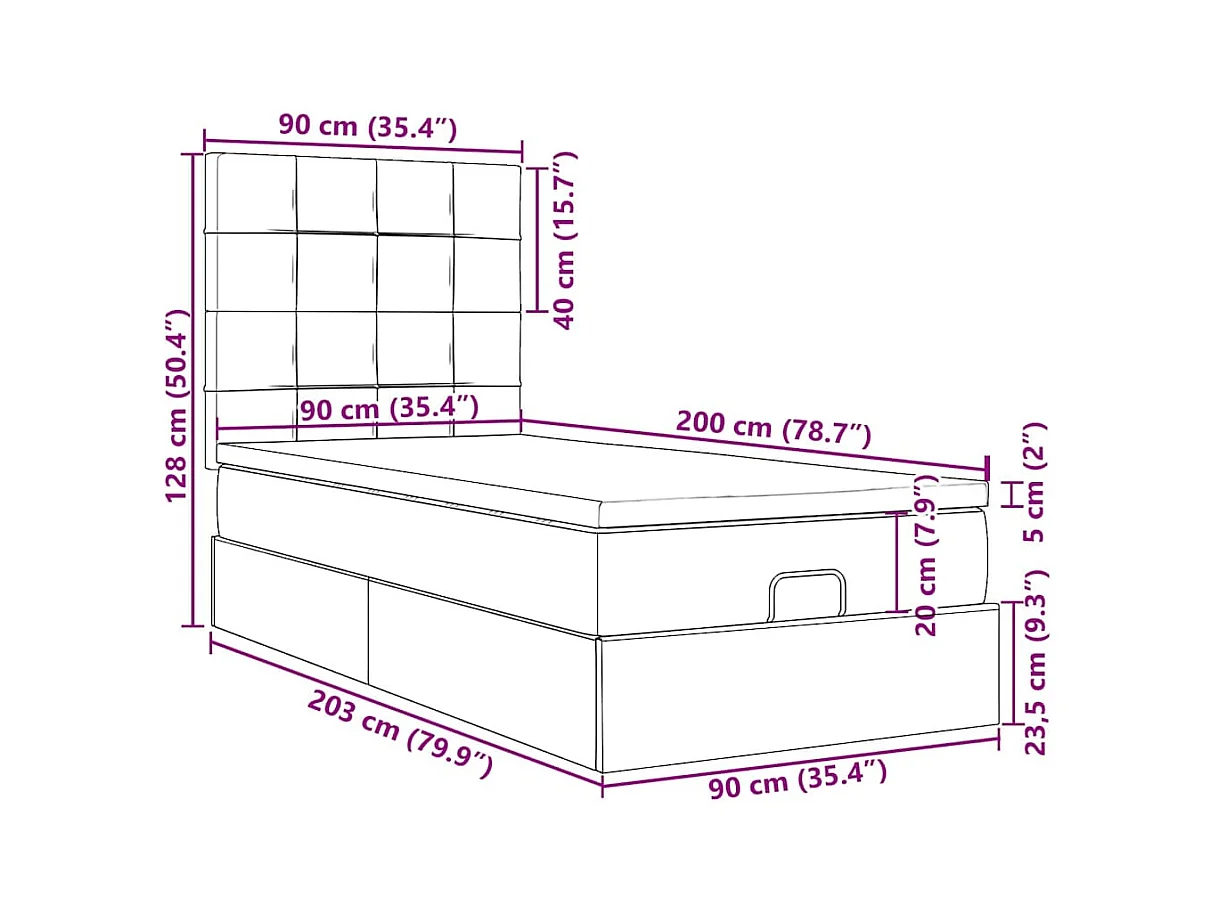 Cadre de lit ottoman avec matelas noir 90x200 cm tissu