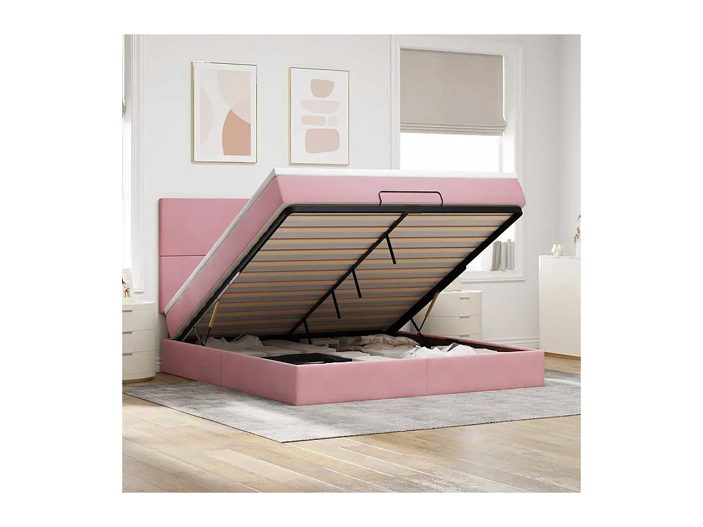 Estructura de cama otomana colchones terciopelo rosa 180x200cm