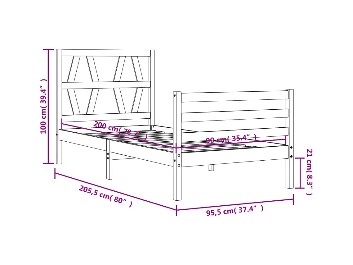 Bedframe met hoofdbord massief hout 90x200 cm