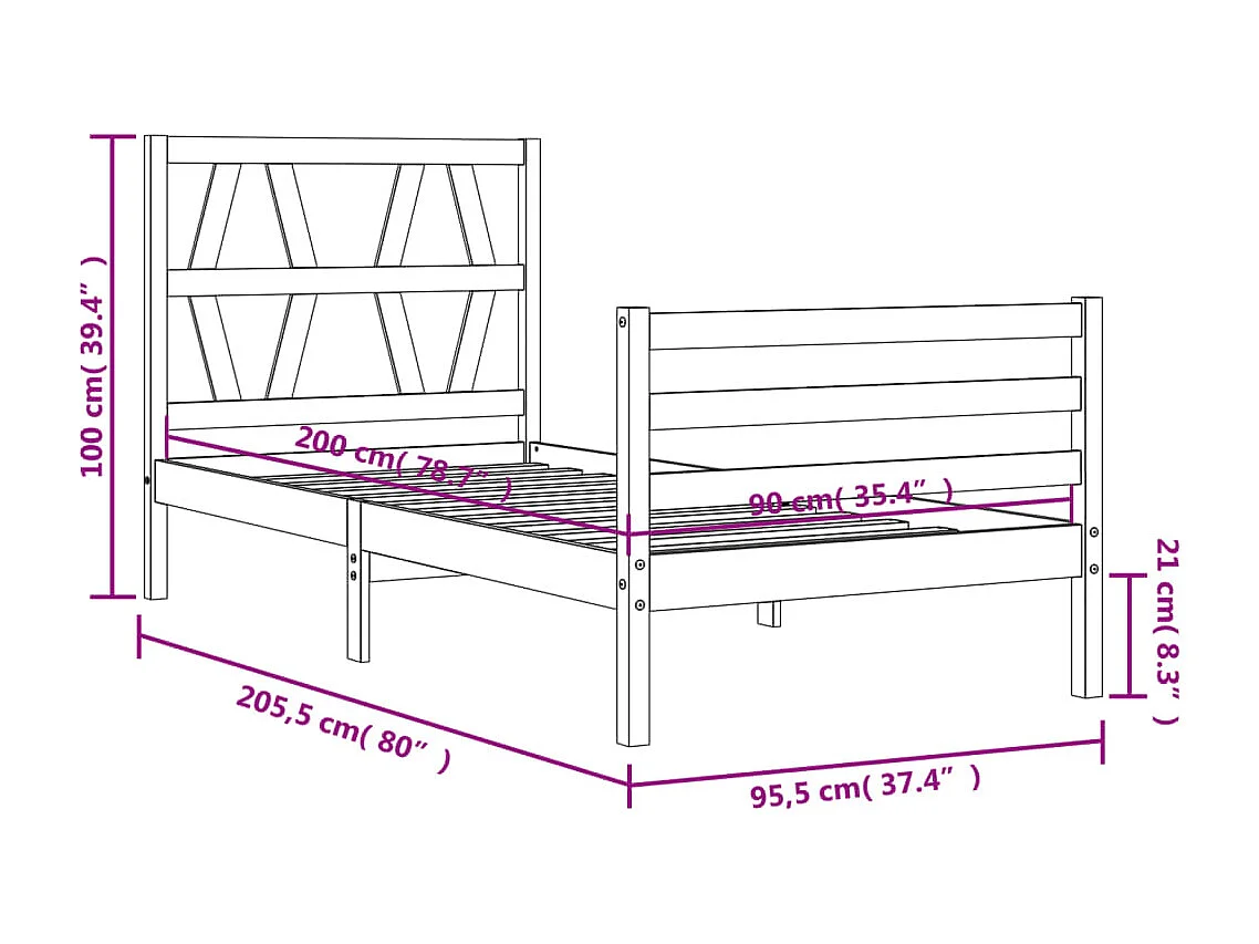 Massivholzbett mit Kopfteil 90x200 cm