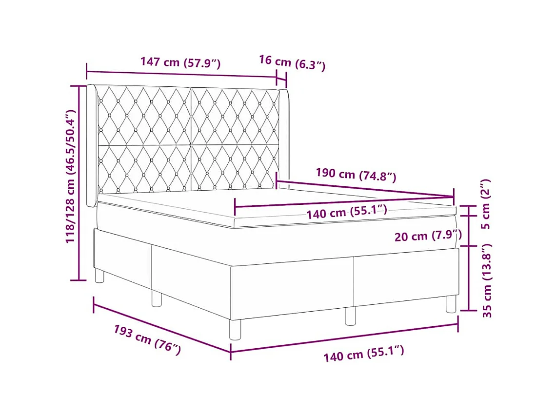 Lit à Ressorts avec Matelas LED Gris foncé 140 x 190 cm Velours