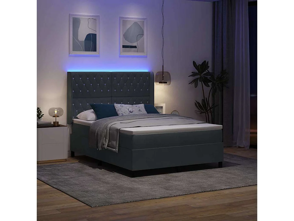 Lit à ressorts avec tête de lit Gris foncé 140 x 190 cm Velours