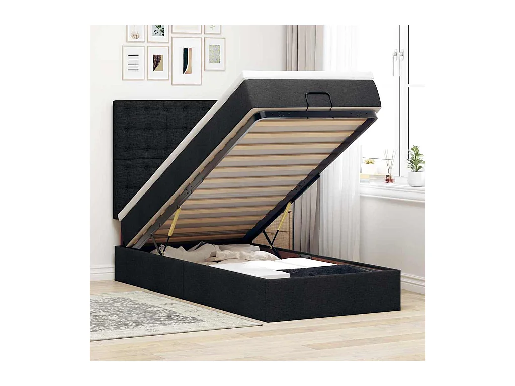 Struttura Letto Pouf con Materasso Nero 90x190 cm in Tessuto