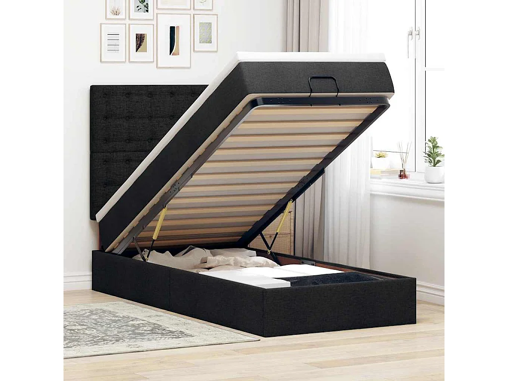 Ottoman-Bett mit Matratze & LEDs Schwarz 90x190 cm Stoff