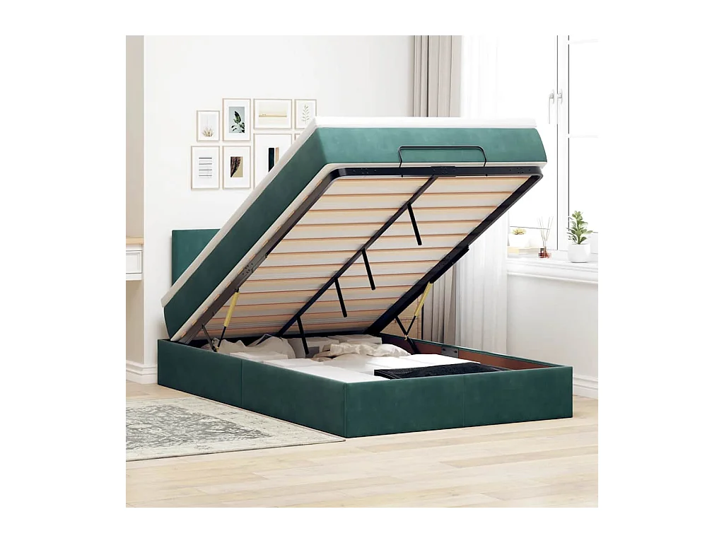 Pouf Letto con Materasso e LED Verde Scuro 120x190cm in Velluto