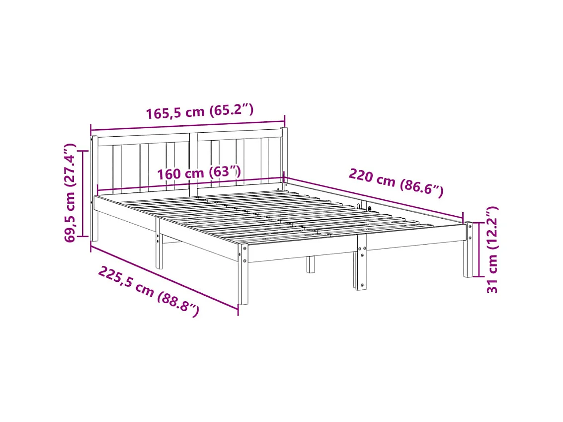 Cadre de lit extra long sans matelas 160x220 cm bois massif pin