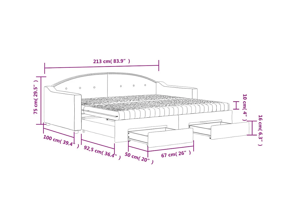 Slaapbank met onderschuifbed en lades 90x190 cm stof zwart