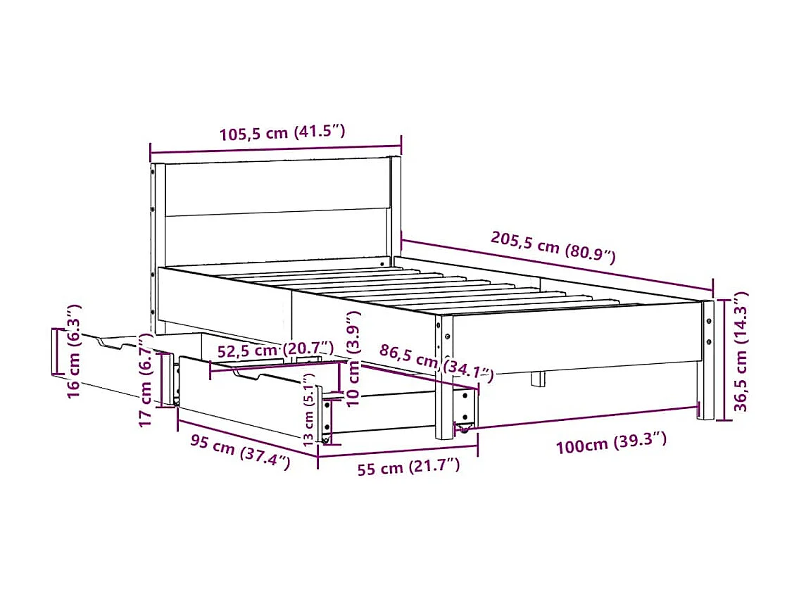Cama sem colchão 100x200 cm madeira de pinho maciça