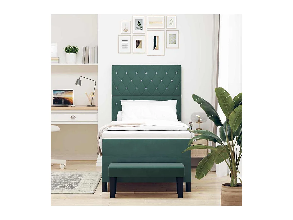 Lit à ressorts avec matelas Vert foncé 90 x 200 cm Velours