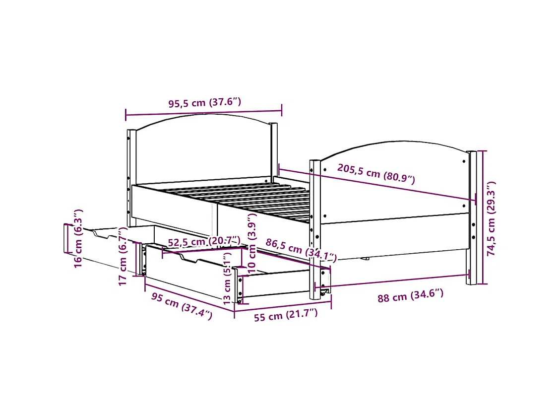 Cadre de lit sans matelas blanc 90x200 cm bois de pin massif