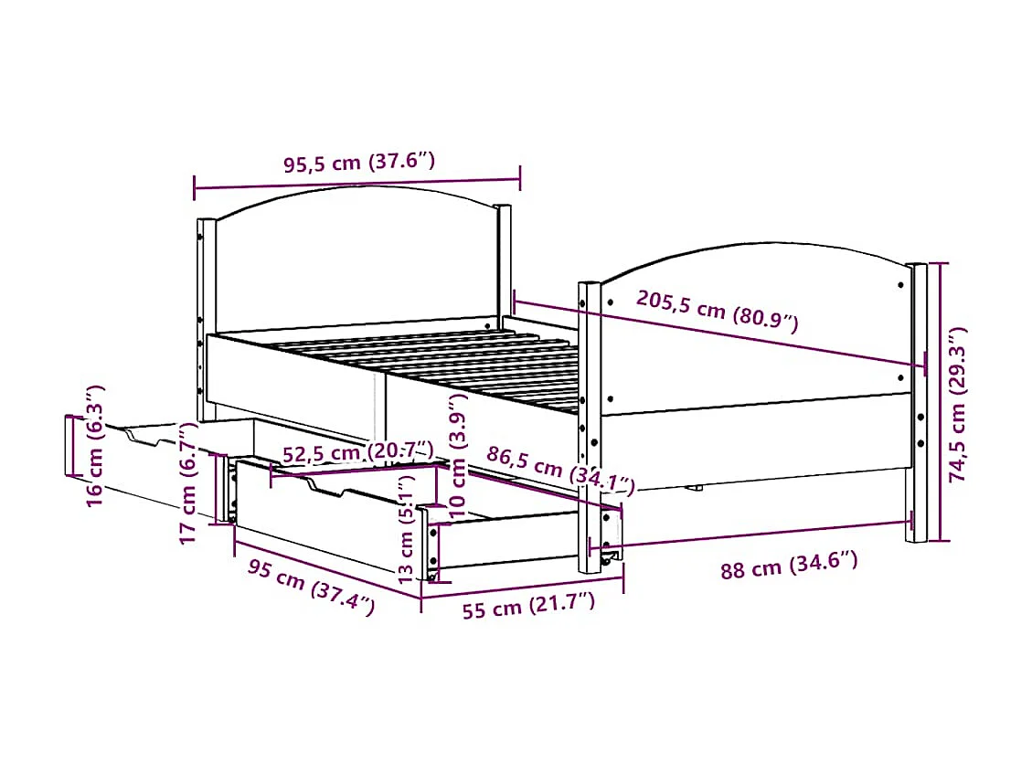 Cadre de lit sans matelas blanc 90x200 cm bois de pin massif