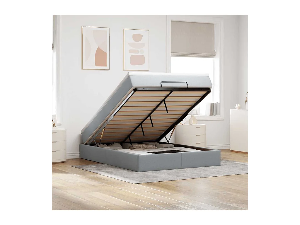 Cadre de lit ottoman et matelas gris clair 140x190 cm tissu