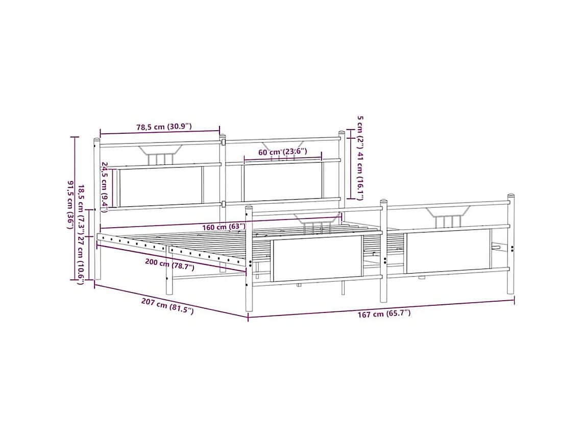 Metallbett ohne Matratze Braun Eichen-Optik 160x200 cm