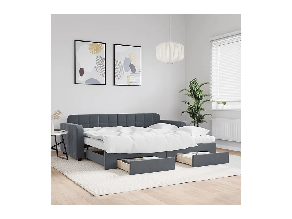Divano Letto Estraibile Cassetti Grigio Scuro 90x200cm Velluto